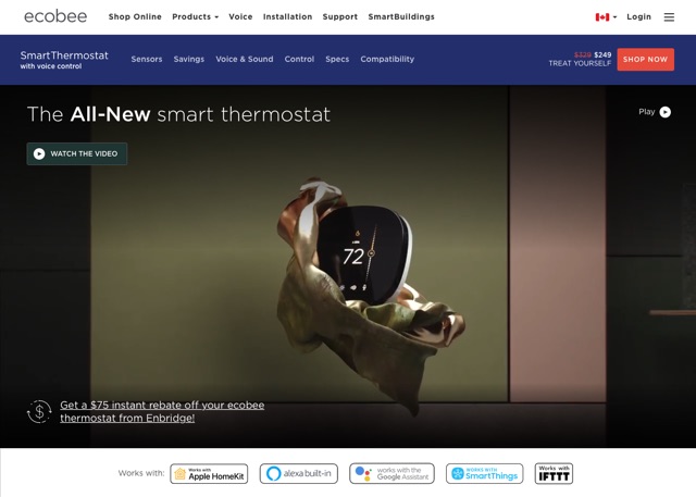 screenshot of thermostat product page